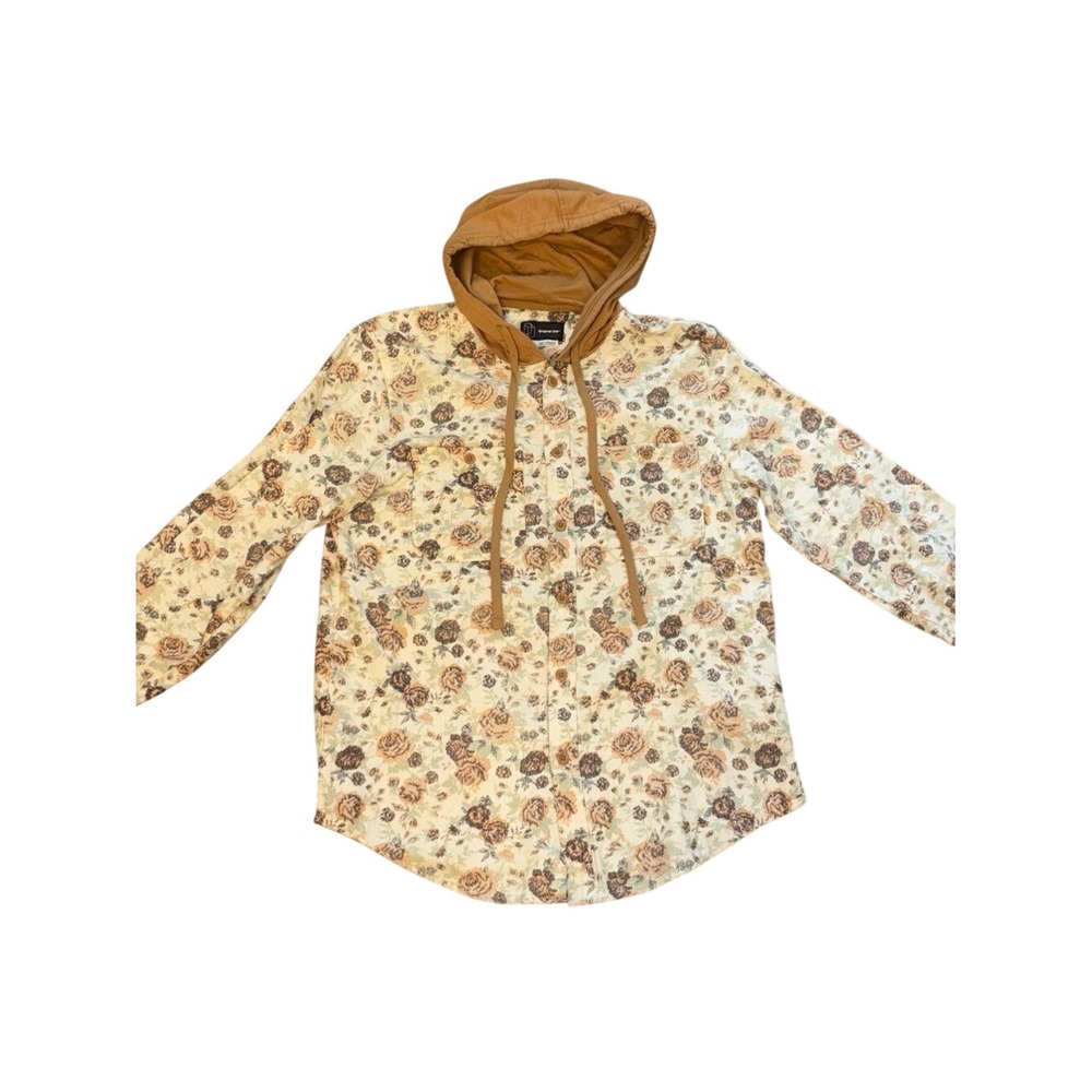 Original Use Mens Floral Hooded Button Down Shirt Brown Tan Tapestry Print M